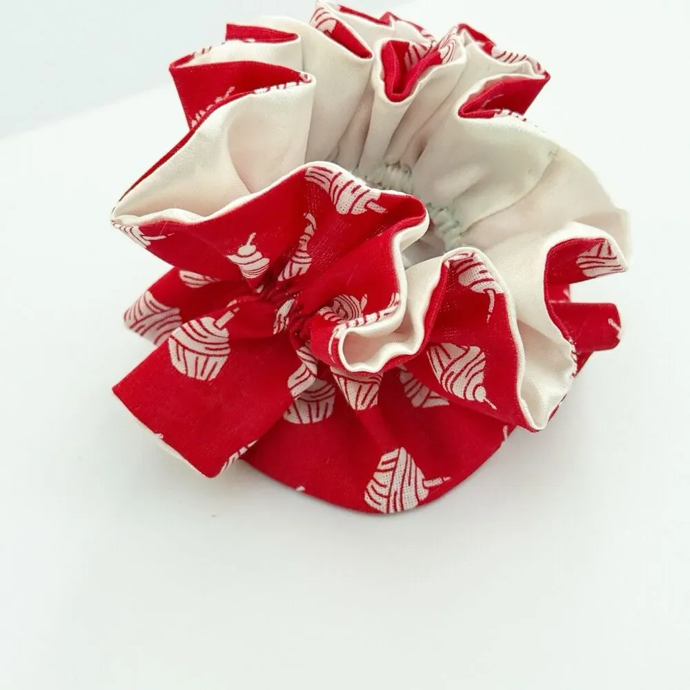 Handmade Red & Cream Scrunchie Hair Tie Ruffled Elastic Ponytail Holder